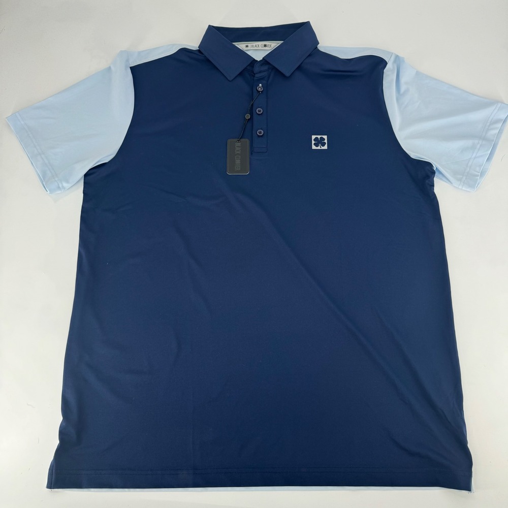 Black Clover Mens Golf Polo Shirt Blue Two Tone Short Sleeve Logo Large NWT